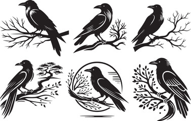Six silhouettes of crows perched on branches and trees