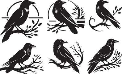 Six silhouettes of ravens perched on branches