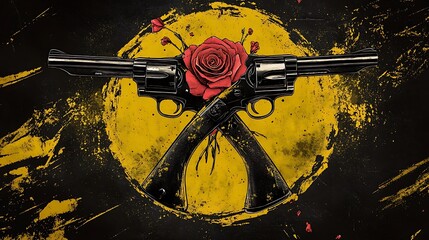 Crossed revolvers, rose, and yellow backdrop design.