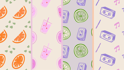 Fresh summer vibe with sweet fruits drinks and music notes adding joyful moments to light pastel