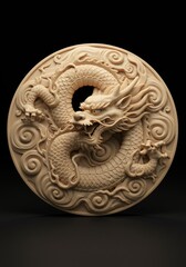 Intricate Dragon Carving - Circular wood carving of a detailed dragon amidst swirling clouds, a stunning piece of Asian art