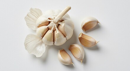 Fresh garlic cloves and bulb on white background healthy cooking ingredient flavor enhancer seasoning spice