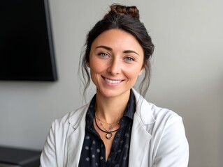 Fototapeta premium Confident Young Professional Woman Smiling in Business Casual Attire Indoors