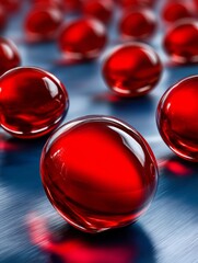 Glossy Red Spheres Reflecting Light on a Metallic Surface, Abstract Design