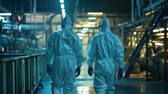 Two people in full protective suits walking through a dimly lit industrial facility with rows of workers.