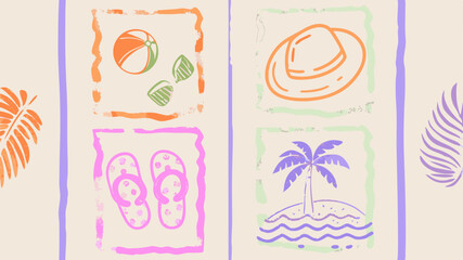 Dreaming of a summer vacation with beach balls palm trees and flip flops pastel colors and sketch