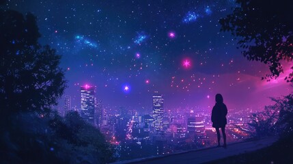 Naklejka premium Woman gazes at cityscape under a vibrant starry night sky