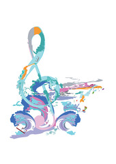 Abstract musical design with a treble clef and colorful splashes, notes and waves. Colorful treble clef. Hand drawn vector illustration.