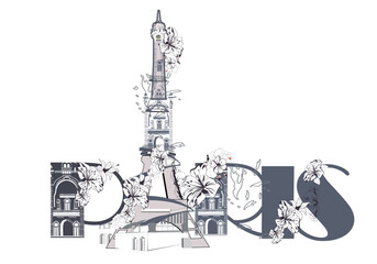 Lettering Paris decorated with summer and spring flowers. Hand drawn vector illustration.