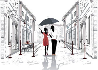 Series of city backgrounds with french architecture decorated with flowers, street cafes and a romantic couple. Hand drawn vector illustration.