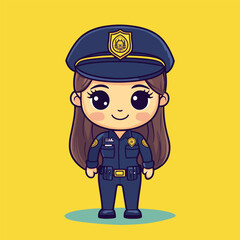 Adorable Cartoon Policewoman with Long Brown Hair and Blue Uniform