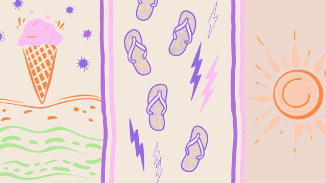 Sweet summer vacation vibes with ice cream flip flops sun and lightning on a tan background with