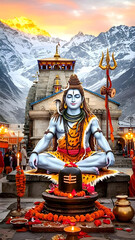 Fototapeta premium Statue of Shiva in Meditation at Himalayan Temple During Sunrise Scene