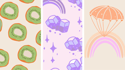 A whimsical collage celebrating summer s joy with fresh kiwi slices pastel gems and parachuting into