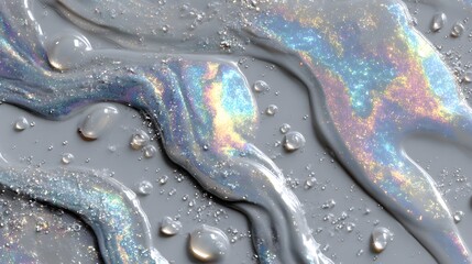 Colorful abstract pattern, fluid shapes with iridescent sheen on gray surface, ideal for creative backgrounds and designs.