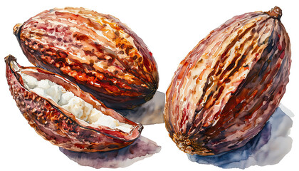 a watercolor painting depicts two whole cacao pods alongside a halved pod revealing its white beans.