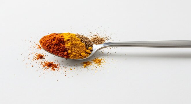 Spices on spoon turmeric paprika cumin seasoning cooking ingredient flavor aroma culinary spice blend mix