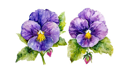 a delicate watercolor painting depicts two vibrant purple pansies with yellow centers and lush green leaves against a clean white background.