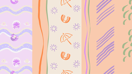 A whimsical pastel beach day pattern evoking summer fun featuring parasols crabs and horseshoe