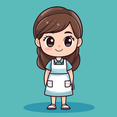Fototapeta premium Adorable Cartoon Waitress with Brown Hair and Smiling Expression
