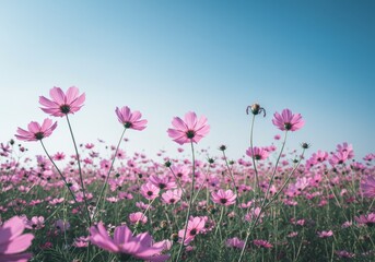 Fototapeta premium Pink Cosmos Flower Field Under Blue Sky - Vibrant pink cosmos flowers blooming in a vast field under a clear blue sky. A beautiful nature scene