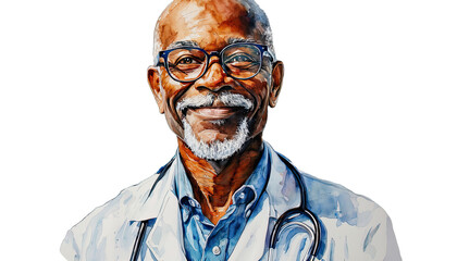 a watercolor portrait depicts a smiling senior african american doctor wearing glasses and a stethoscope.