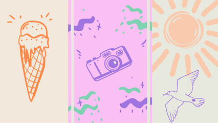 A sweet summer escape illustrated with sun camera ice cream cone and a seagull with pastel tones and