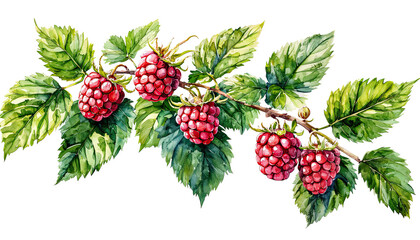 a delicate watercolor painting depicts a branch laden with ripe, ruby red raspberries surrounded by lush green foliage.