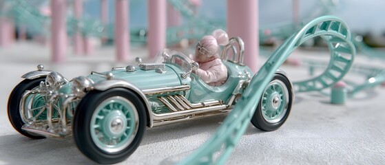 Vintage racer model, classic blue race car with intricate details, on display in a stylish modern setting, ample copy-space.