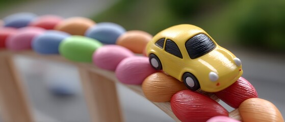 Colorful car toy navigating a vibrant bead track, playful design, perfect for stimulating creativity, great for children's play.