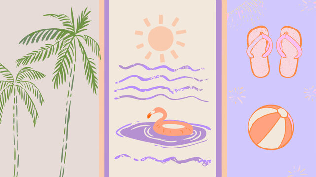 Evoking summer dreams with palms sun flamingo floatie and beach ball in pastel colors and clean