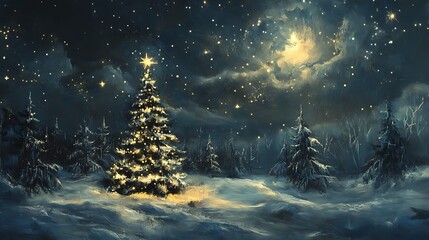 A winter scene of a luminous Christmas tree under a starry night.