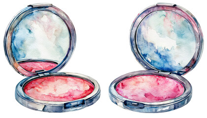 a watercolor painting depicts two open compact mirrors with pink blush inside, reflecting a cloudy sky.