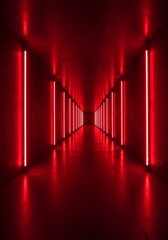 Fototapeta premium Red Neon Corridor - A long corridor illuminated by bright red neon lights, creating a dramatic and atmospheric scene