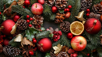 Festive Christmas wreath adorned with seasonal ornaments.