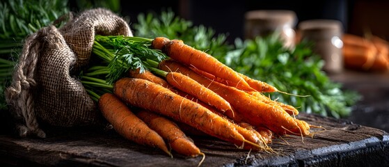 Fresh vibrant carrots on a wooden board, healthy vegetables with green tops, perfect for cooking or nutrition themes.
