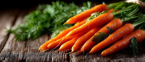 Fresh carrots with green tops, vibrant orange color, rustic wooden background, perfect for healthy recipes or organic markets.