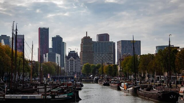 Dynamic Urban Timelapse of Rotterdam's Oude Haven Next to Drifting Boats