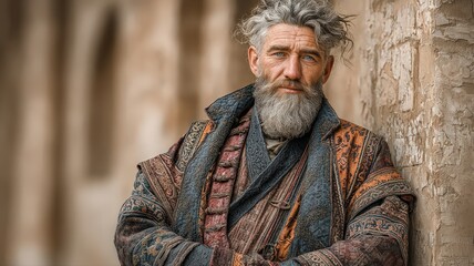 Portrait of an Uzbek Man in Traditional Clothing Against a Rustic Wall Displaying Cultural Heritage