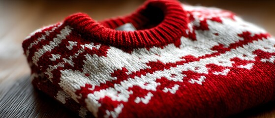 Cozy knit sweater, warm red and white pattern, perfect for winter fashion, inviting texture for seasonal styling.