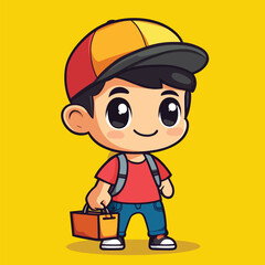 Cartoon boy with backpack and lunchbox wearing a twotone baseball cap