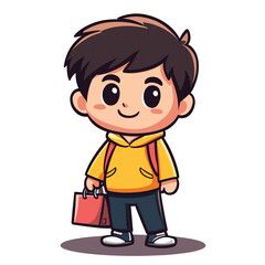 Cartoon Boy with Backpack and Red Bag Smiling with Dark Hair