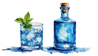 a watercolor painting depicts a glass of ice and mint next to a blue glass bottle with a cork stopper, both resting on a wash of blue paint.