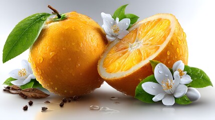 Fresh citrus fruit, vibrant oranges with leaves and blossoms, perfect for juice or healthy snacks, bright and inviting colors.