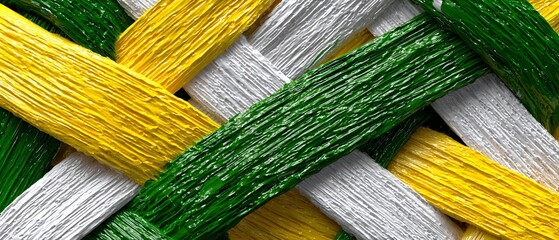Colorful woven texture, vibrant green yellow and white strands intertwined, ideal for creative design backgrounds and textiles.
