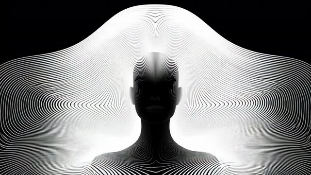 A minimalist, surreal portrait of a human figure outlined by flowing, topographic contour lines in white against a stark black background