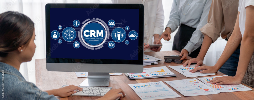 Aufkleber Customer relationship management system on brisk computer for CRM business and enterprise