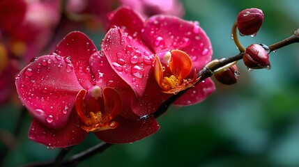 Vibrant pink orchid flowers, lush green background, delicate petals shining, ideal for nature themes or floral designs.