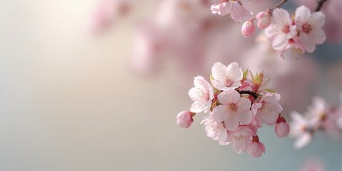 Obraz premium Cherry blossoms bloom in spring showcasing delicate pink petals under soft natural light
