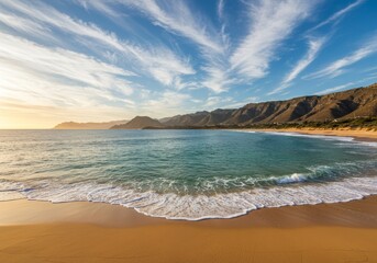 Fototapeta premium Serene Coastal Sunset - Tranquil beach scene at sunset, gentle waves lapping on golden sand, mountains in the background. Perfect for travel, nature, and vacation themes